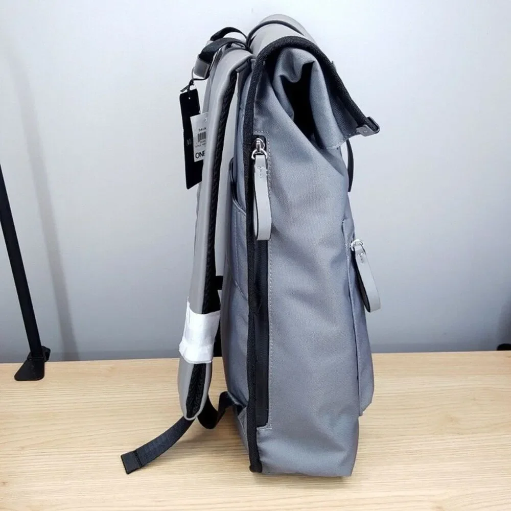 ALFANI Backpack Grey Canvas Roll Top Backpack Faux Leather Trim Laptop Sleeve - Picture 6 of 13